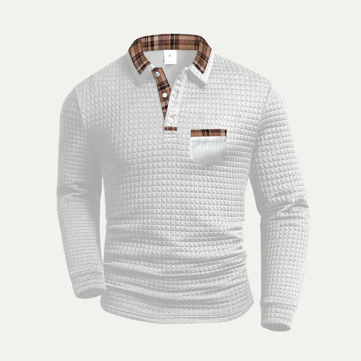 The Bridgecrest Men's Textured Waffle Knit Polo Sweater with Plaid Trim