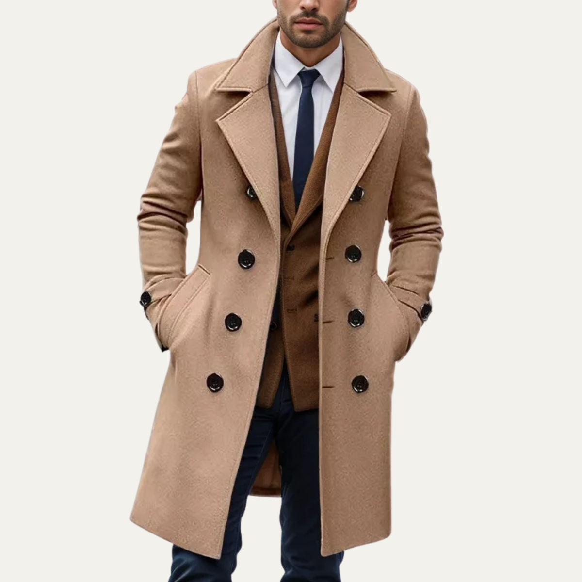 The Prescott Men’s Double Breasted Long Trench Coat – Winter Wool Blend Overcoat
