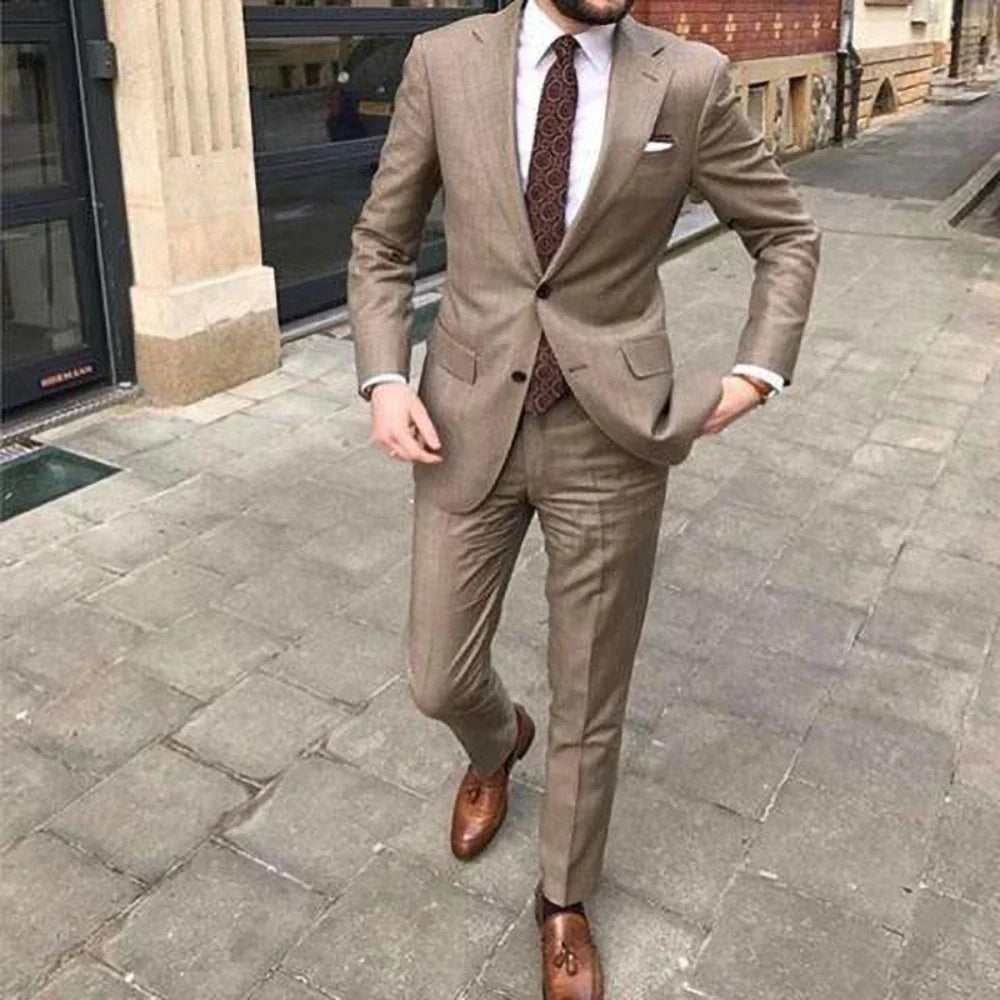 Men’s Slim Fit Khaki Suit – 2-Piece Set for Summer Events