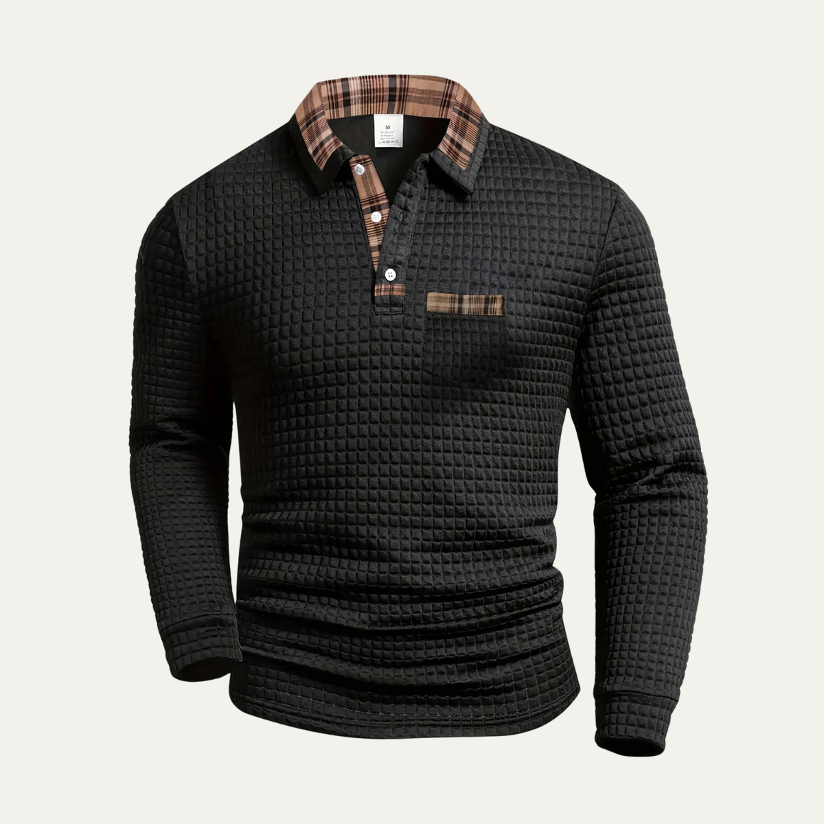 The Bridgecrest Men's Textured Waffle Knit Polo Sweater with Plaid Trim