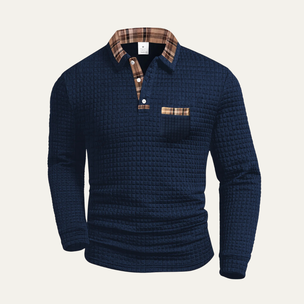 The Bridgecrest Men's Textured Waffle Knit Polo Sweater with Plaid Trim