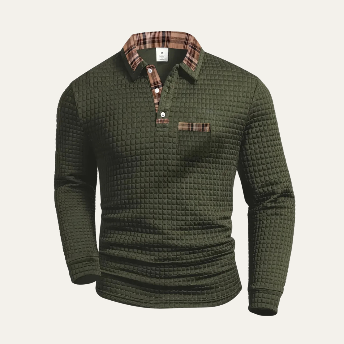 The Bridgecrest Men's Textured Waffle Knit Polo Sweater with Plaid Trim