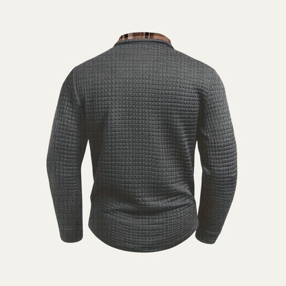 The Bridgecrest Men's Textured Waffle Knit Polo Sweater with Plaid Trim