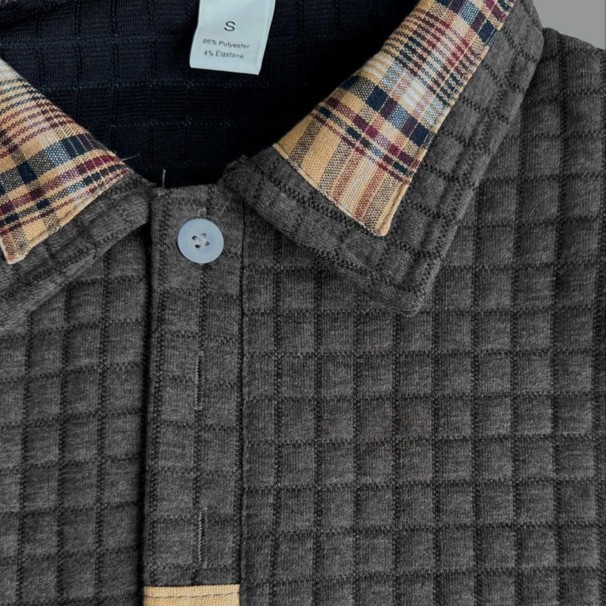 The Bridgecrest Men's Textured Waffle Knit Polo Sweater with Plaid Trim