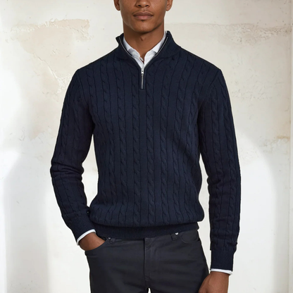 The Verona Men's Cable Knit Half Zip Sweater - Navy Blue