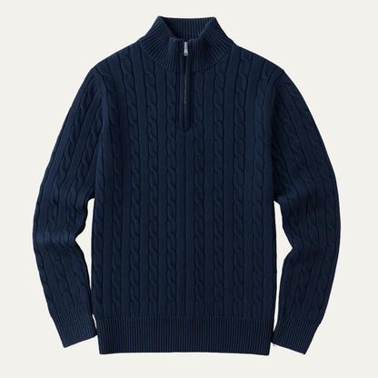 The Verona Men's Cable Knit Half Zip Sweater - Navy Blue