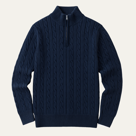 The Verona Men's Cable Knit Half Zip Sweater - Navy Blue