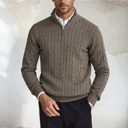 The Firenze Men's Cable Knit Half Zip Sweater - Taupe