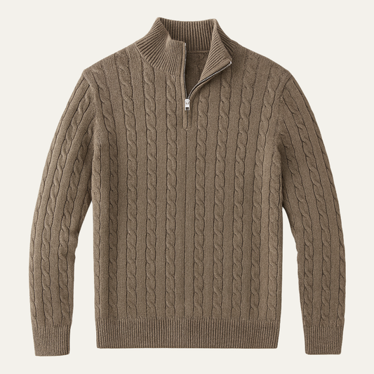 The Firenze Men's Cable Knit Half Zip Sweater - Taupe
