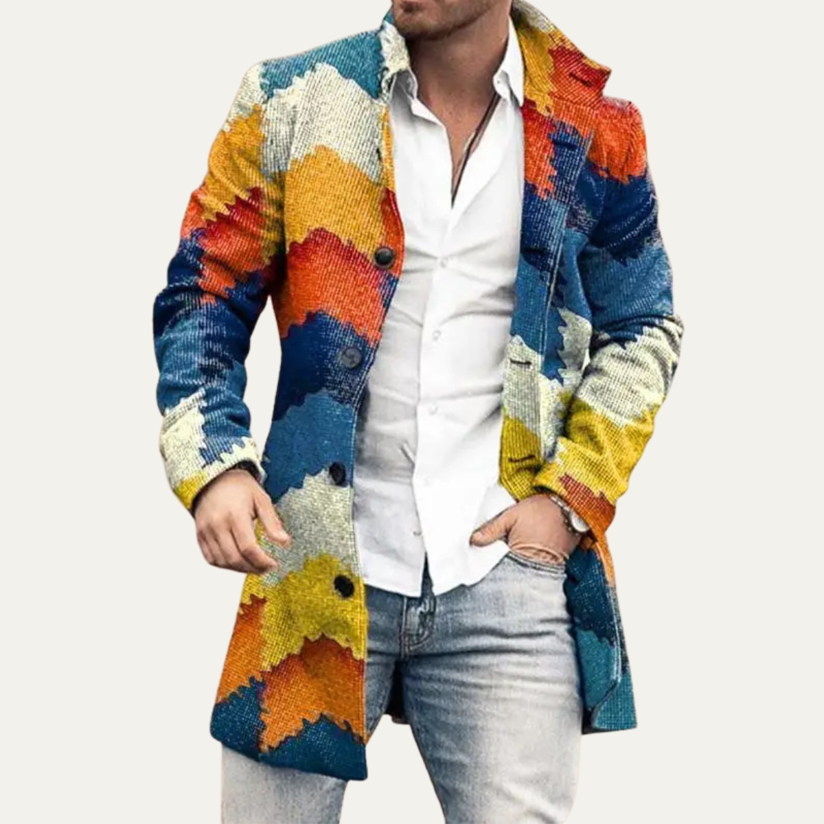 The Glenhaven Men's Colourful Patchwork Geometric Long Jacket with Pockets