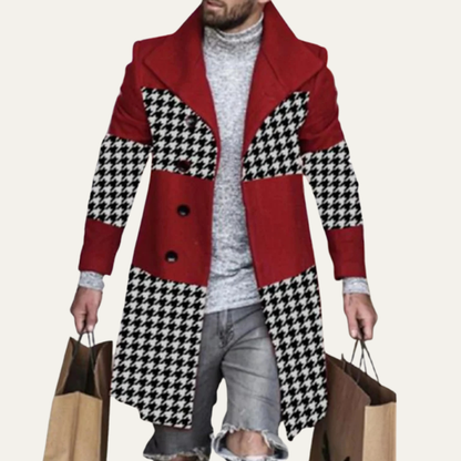 The Glenhaven Men's Colourful Patchwork Geometric Long Jacket with Pockets