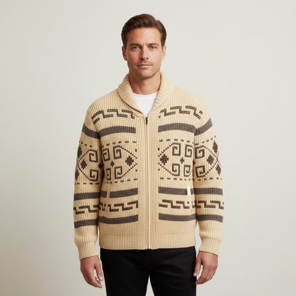 The Corvara Men’s Winter Shawl Collar Cardigan with Aztec Pattern