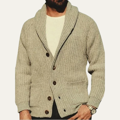 The Timberwood Men's Button Up Khaki Knit Shawl Collar Cardigan