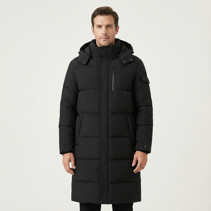 The Woking Men’s Thermal Longline Black Puffer Coat with Hood