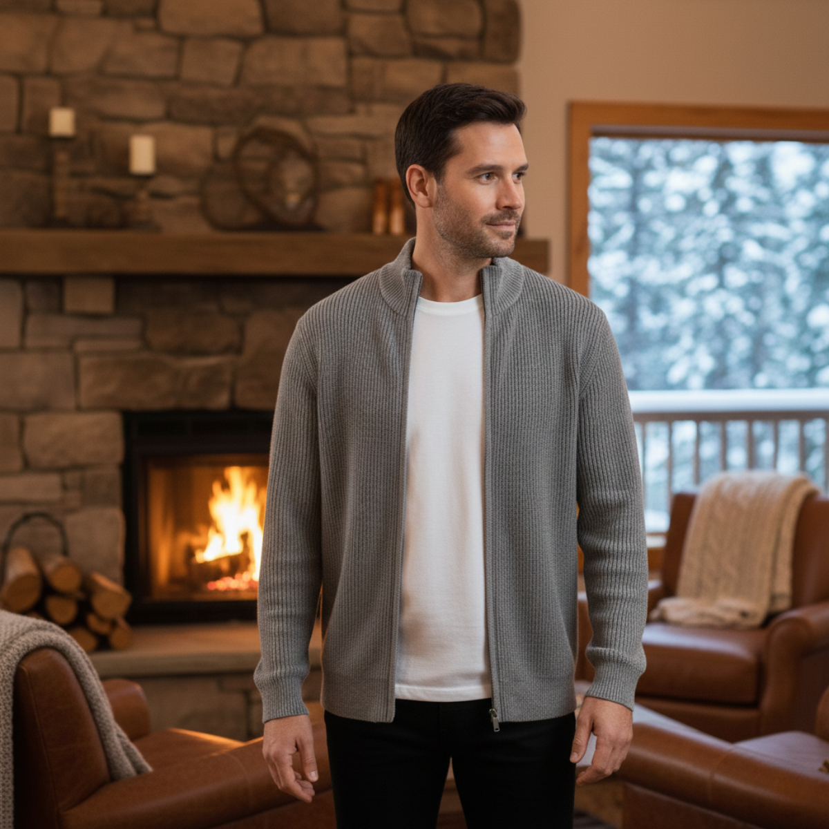 The Lothian Men's Trendy Collar Stand Knit Zip Cardigan Sweater