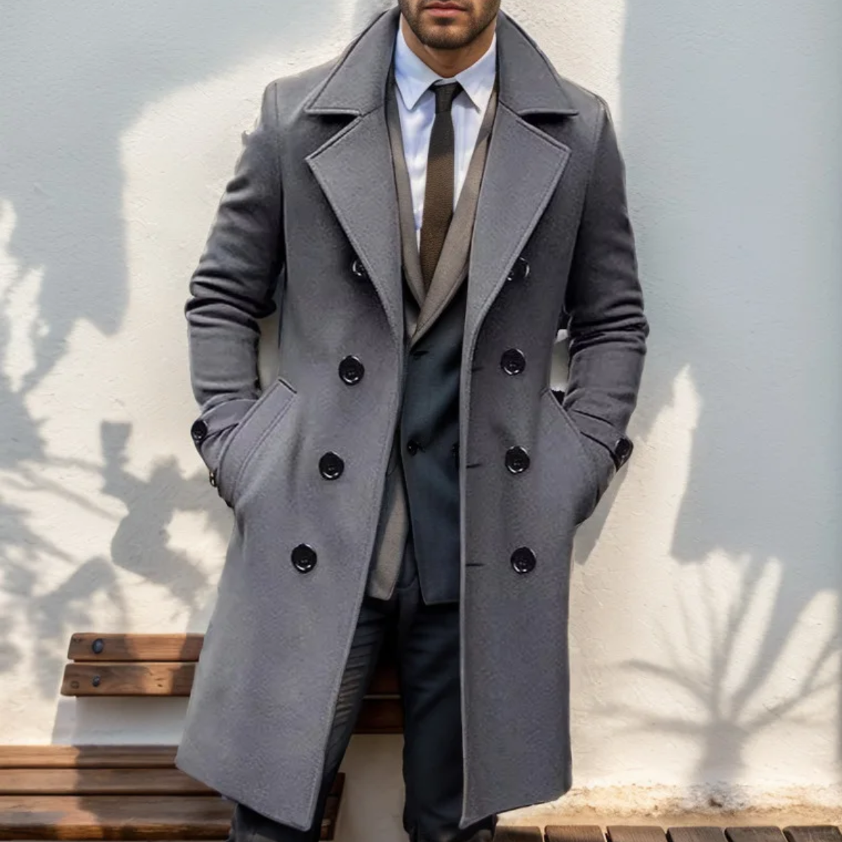 The Prescott Men’s Double Breasted Long Trench Coat – Winter Wool Blend Overcoat