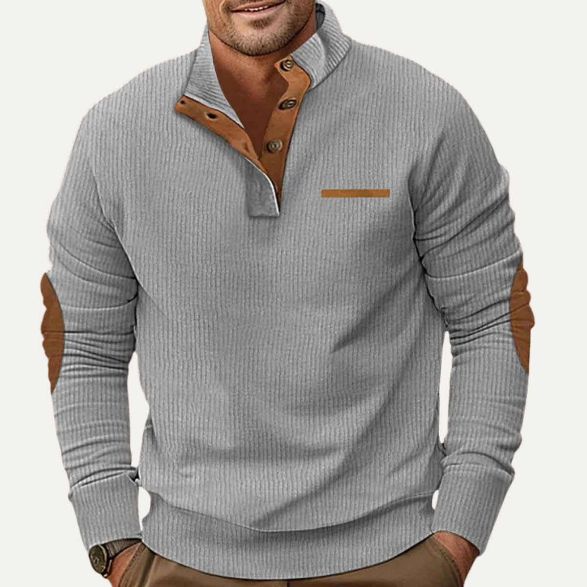 The Mountfield Men’s Classic Corduroy Button Neck Sweater with Patch Details