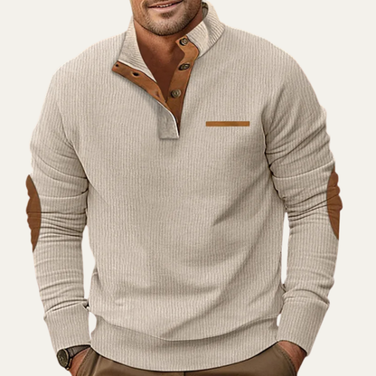 The Mountfield Men’s Classic Corduroy Button Neck Sweater with Patch Details