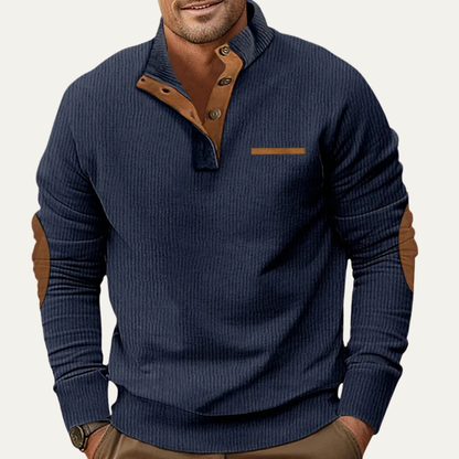 The Mountfield Men’s Classic Corduroy Button Neck Sweater with Patch Details