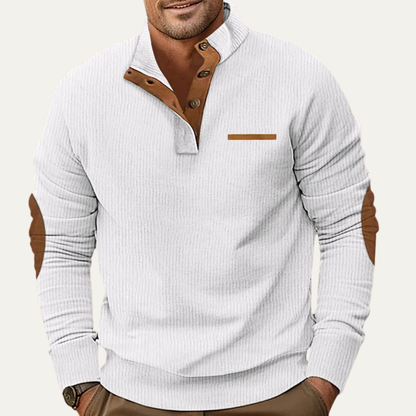 The Mountfield Men’s Classic Corduroy Button Neck Sweater with Patch Details