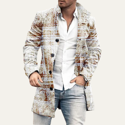 The Glenhaven Men's Colourful Patchwork Geometric Long Jacket with Pockets