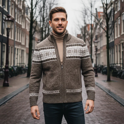 The Kingsley Men’s Winter Zip Up Knit Cardigan with Nordic Pattern