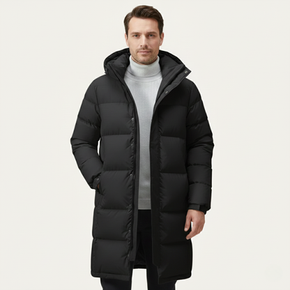 The Westminster Men’s Hooded Longline Black Puffer Coat
