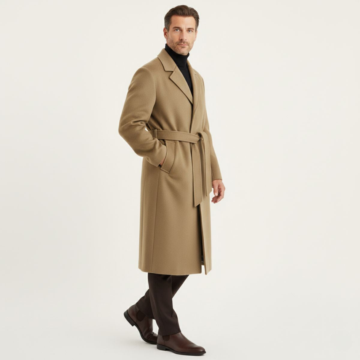 The Whitechapel Men's Elegant Camel Wrap Wool Coat with Belt