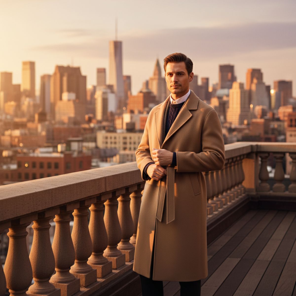 The Whitechapel Men's Elegant Camel Wrap Wool Coat with Belt
