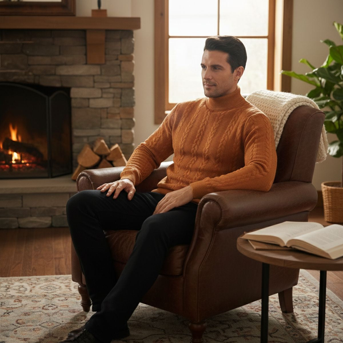 The Paestum Men’s Warm Ribbed Cable Knit Turtleneck Sweater