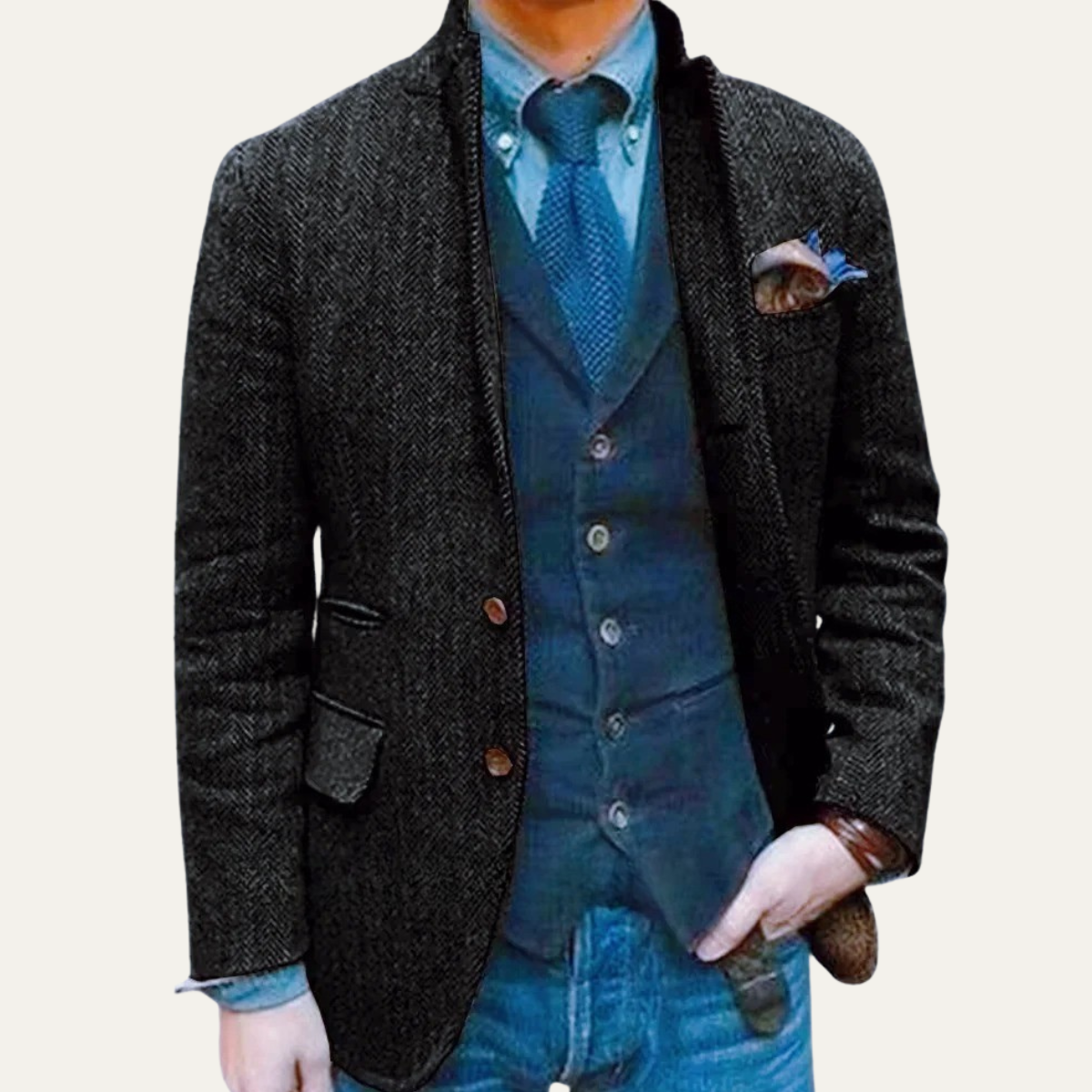 The Testaccio Men’s Single Breasted Wool Tweed Herringbone Blazer – Black