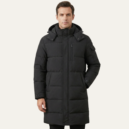 The Woking Men’s Thermal Longline Black Puffer Coat with Hood