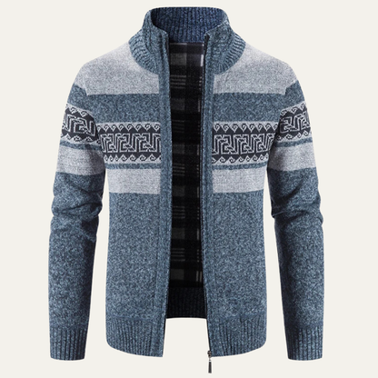 The Carovigno Men’s Knitted Zip Cardigan with Patterned Design and Stand Collar