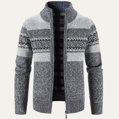 The Carovigno Men’s Knitted Zip Cardigan with Patterned Design and Stand Collar