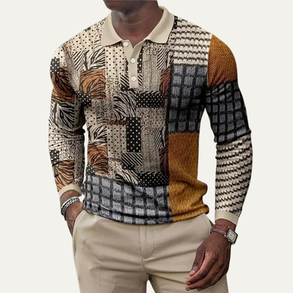 The Capri Men’s Vintage Patchwork Print Button Neck Polo Sweater