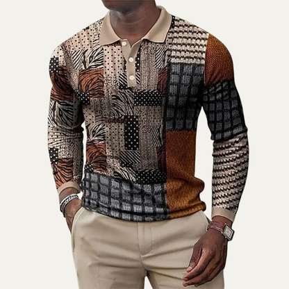 The Capri Men’s Vintage Patchwork Print Button Neck Polo Sweater