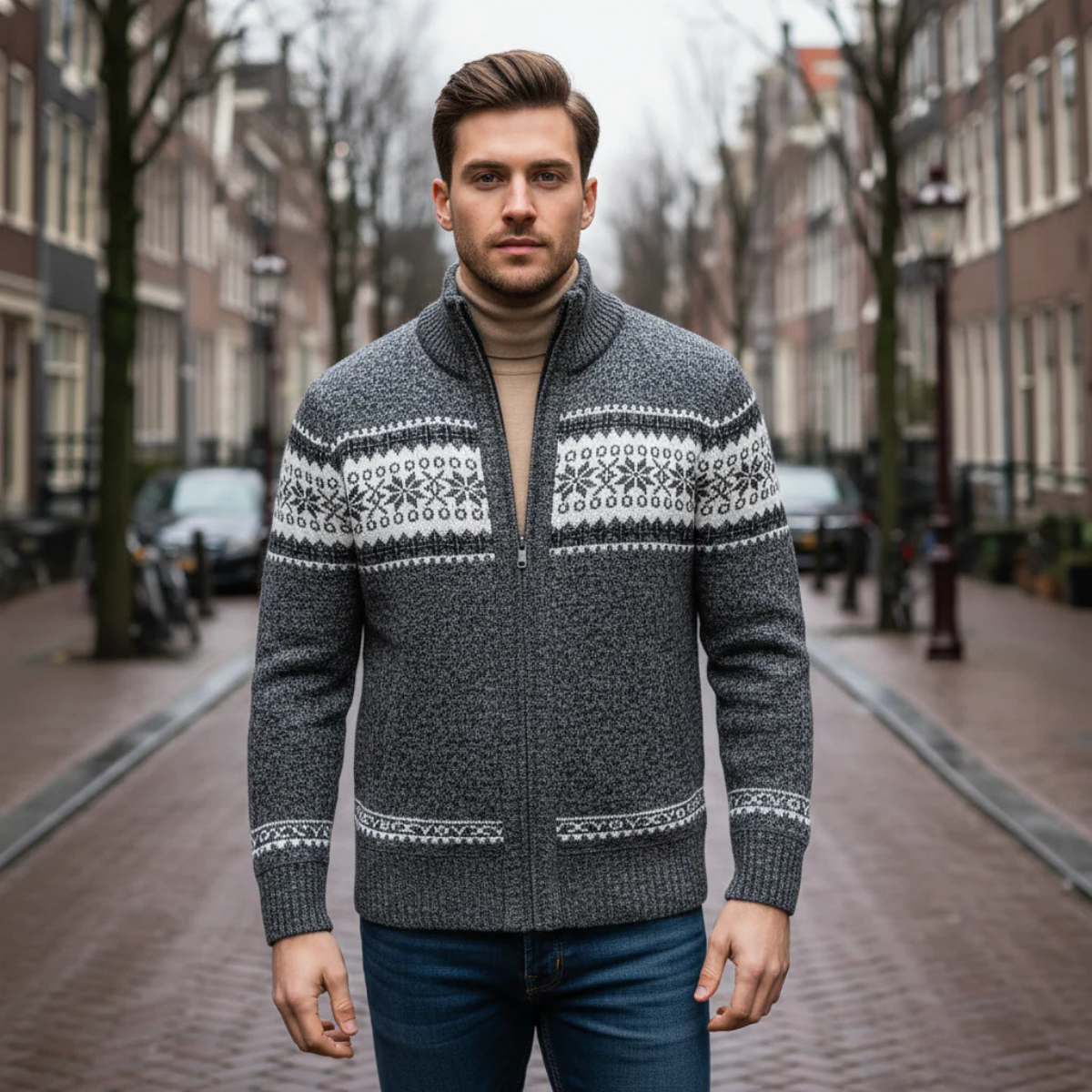 The Kingsley Men’s Winter Zip Up Knit Cardigan with Nordic Pattern