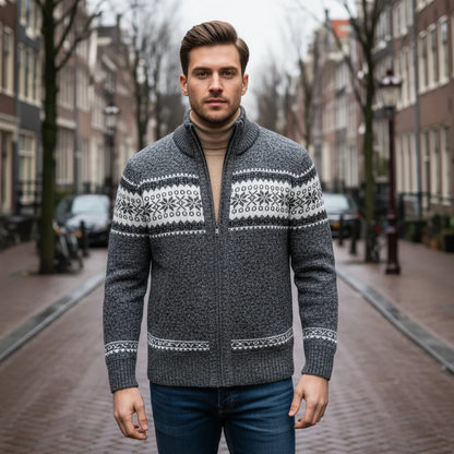 The Kingsley Men’s Winter Zip Up Knit Cardigan with Nordic Pattern
