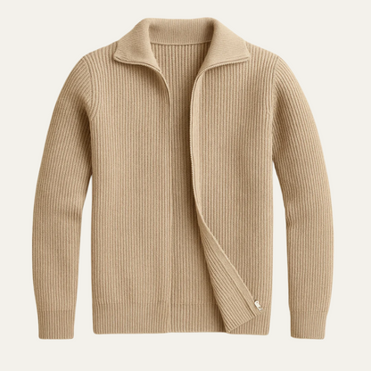The Lisbon Men’s Knitted Full Zip Merino Wool Cardigan – Beige