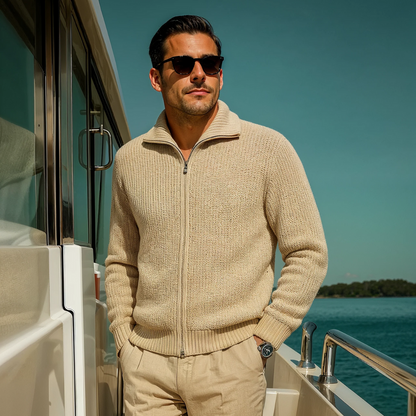 The Lisbon Men’s Knitted Full Zip Merino Wool Cardigan – Beige