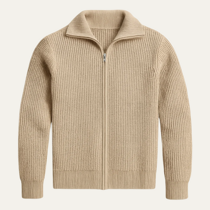 The Lisbon Men’s Knitted Full Zip Merino Wool Cardigan – Beige