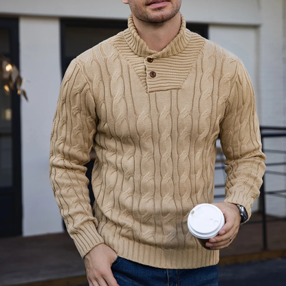 The Bevagna Men’s Cable Knit Shawl Collar Button Neck Sweater