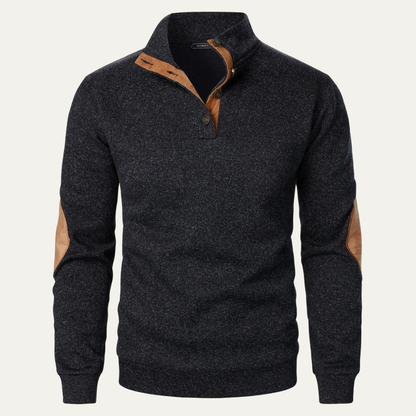 The Oakcrest Men's Stand Collar Fleece Sweater with Suede Elbow Patches