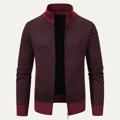 The Modica Men’s Knitted Stand Collar Zip Up Plaid Winter Cardigan