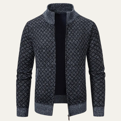 The Modica Men’s Knitted Stand Collar Zip Up Plaid Winter Cardigan