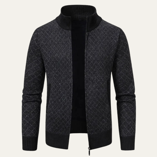 The Modica Men’s Knitted Stand Collar Zip Up Plaid Winter Cardigan