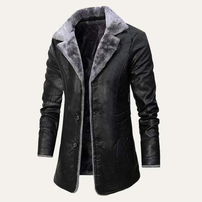 The Montefalco Men’s Button-Up Fur Lined Long Leather Winter Coat