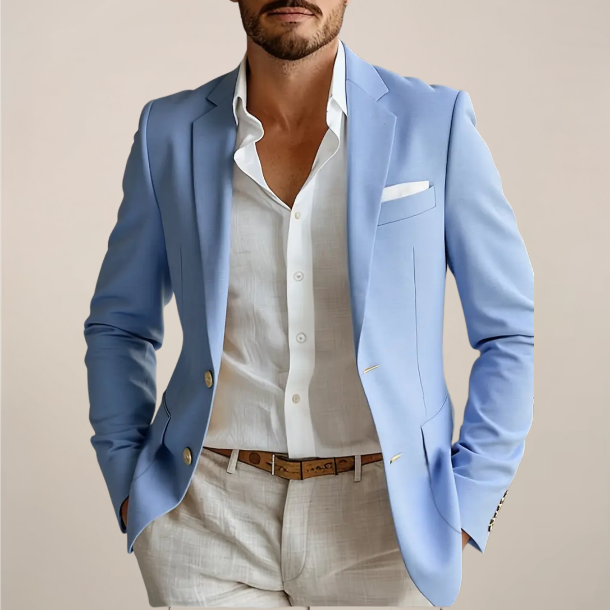 Linen Blend Two-Piece Suit with Coverless Pockets for Events