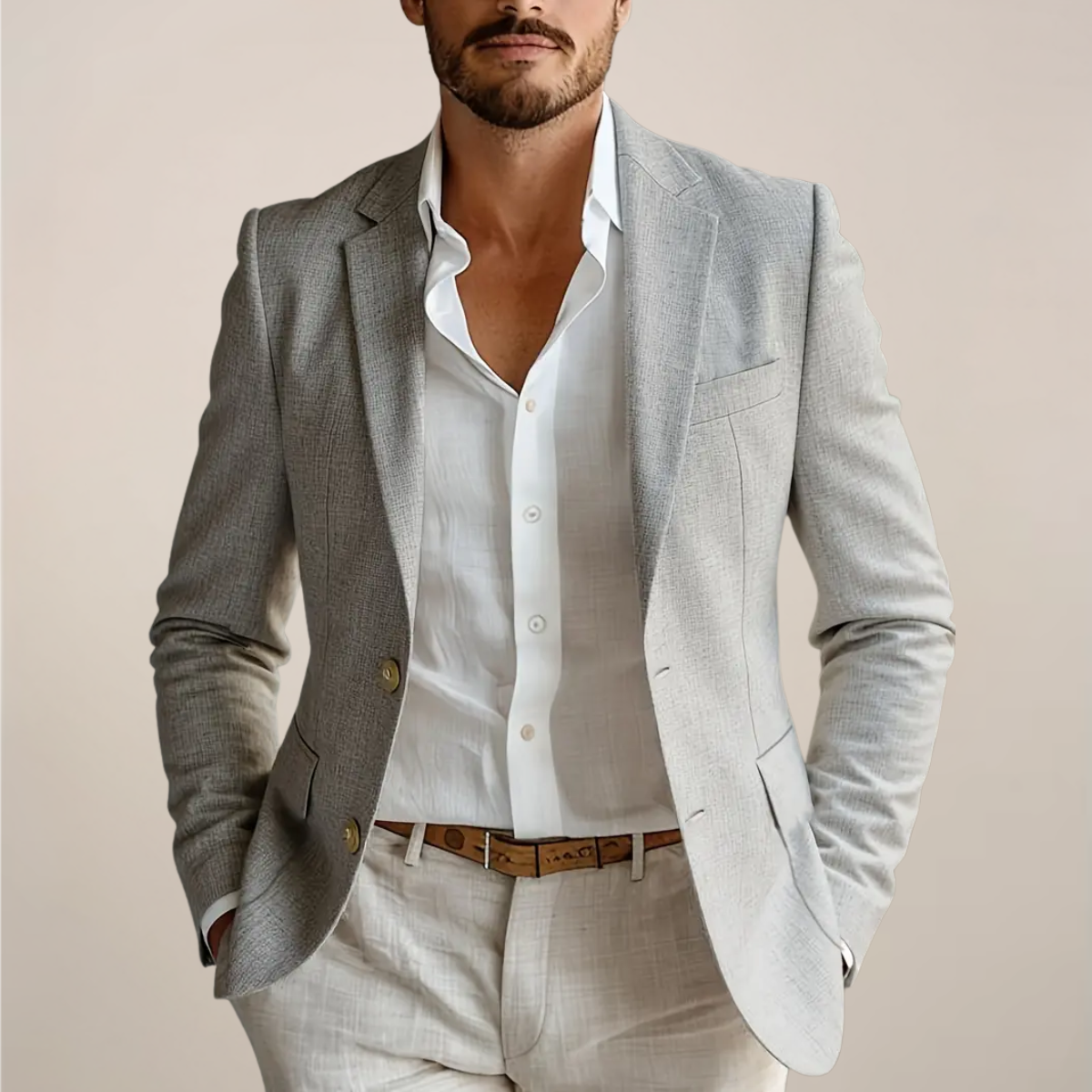 Linen Blend Two-Piece Suit with Coverless Pockets for Events