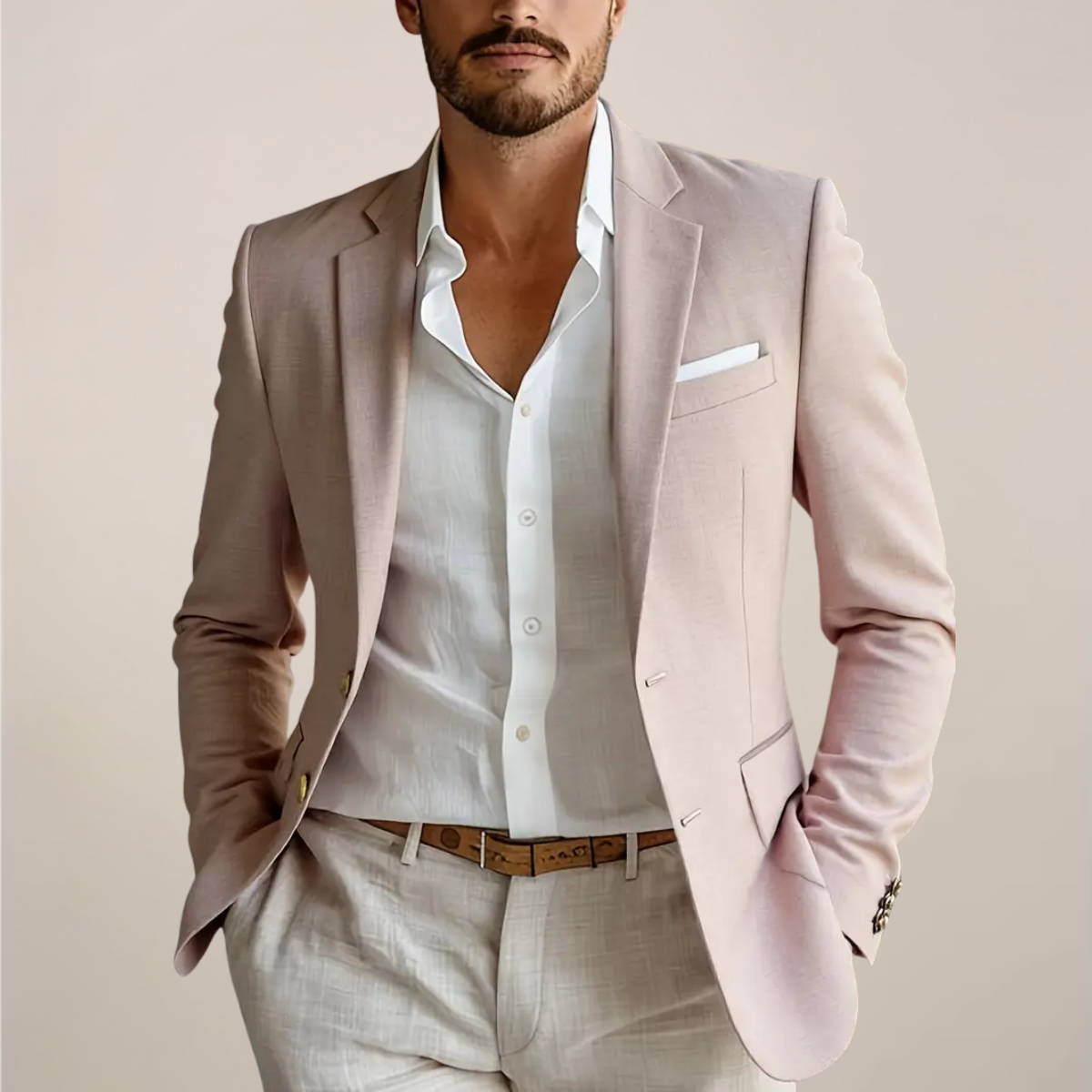 Linen Blend Two-Piece Suit with Coverless Pockets for Events